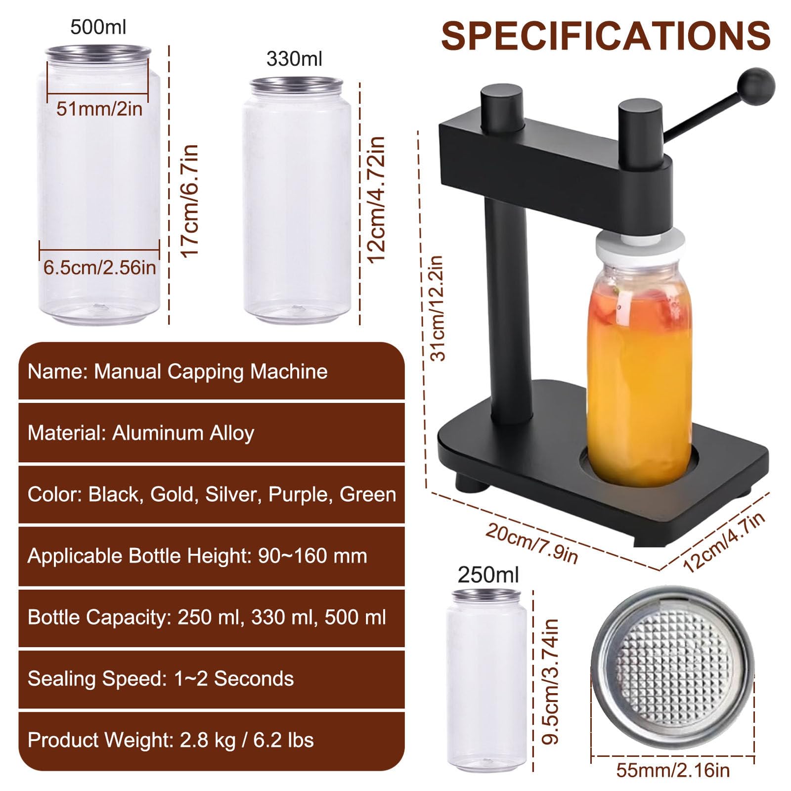 Scelleuse Manuelle pour Canettes, Outil de Sertissage Réglable pour Bouteilles et Bouchons de 330ml/500 ML, pour Bouchons de 55 mm Silver-200 x 330ml Bottles