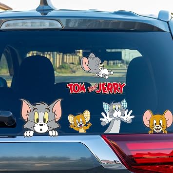 Tom and Jerry Car Stickers, Officially Licensed Cartoon Vinyl Decals | Funny Fade-Resistant Stickers for Car Windows, Laptops and Water Bottles, Easy Peel and Remove Design for Cartoon Fans