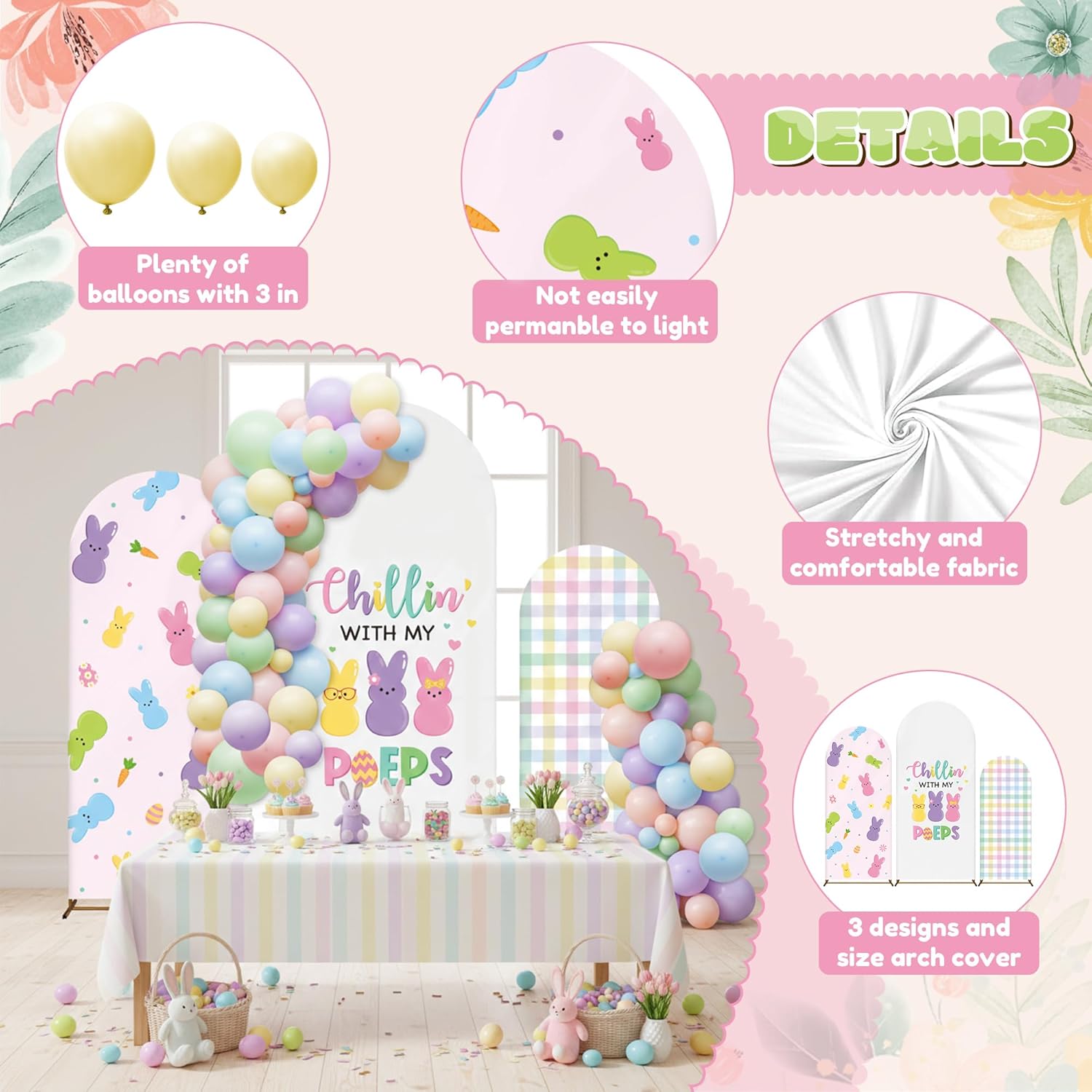 K1tpde 101PCS Easter Bunny Arch Backdrop Cover with Colorful Balloon Garland Decoration Kit, Easter Party Stretch Backgrounds, 4ft, 5ft, 6ft for Baby Shower Holiday Ceremony Decoration Photoshoot