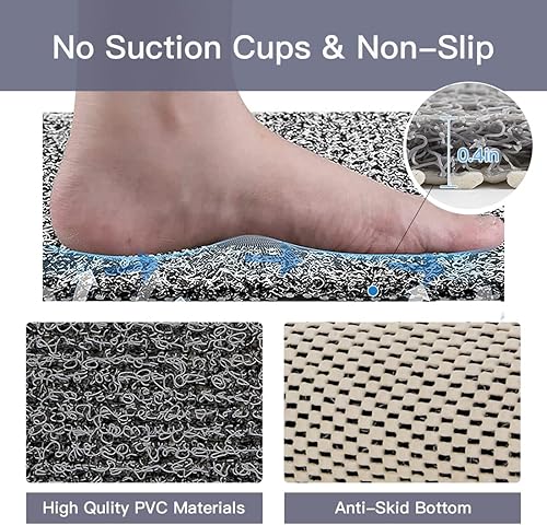 Miniatura 20 de Tapete de ducha antideslizante, 27 x 27 pulgadas, tapete de baño extra grande con drenaje, tapete cuadrado suave para ducha de lufa, tapete de Negro