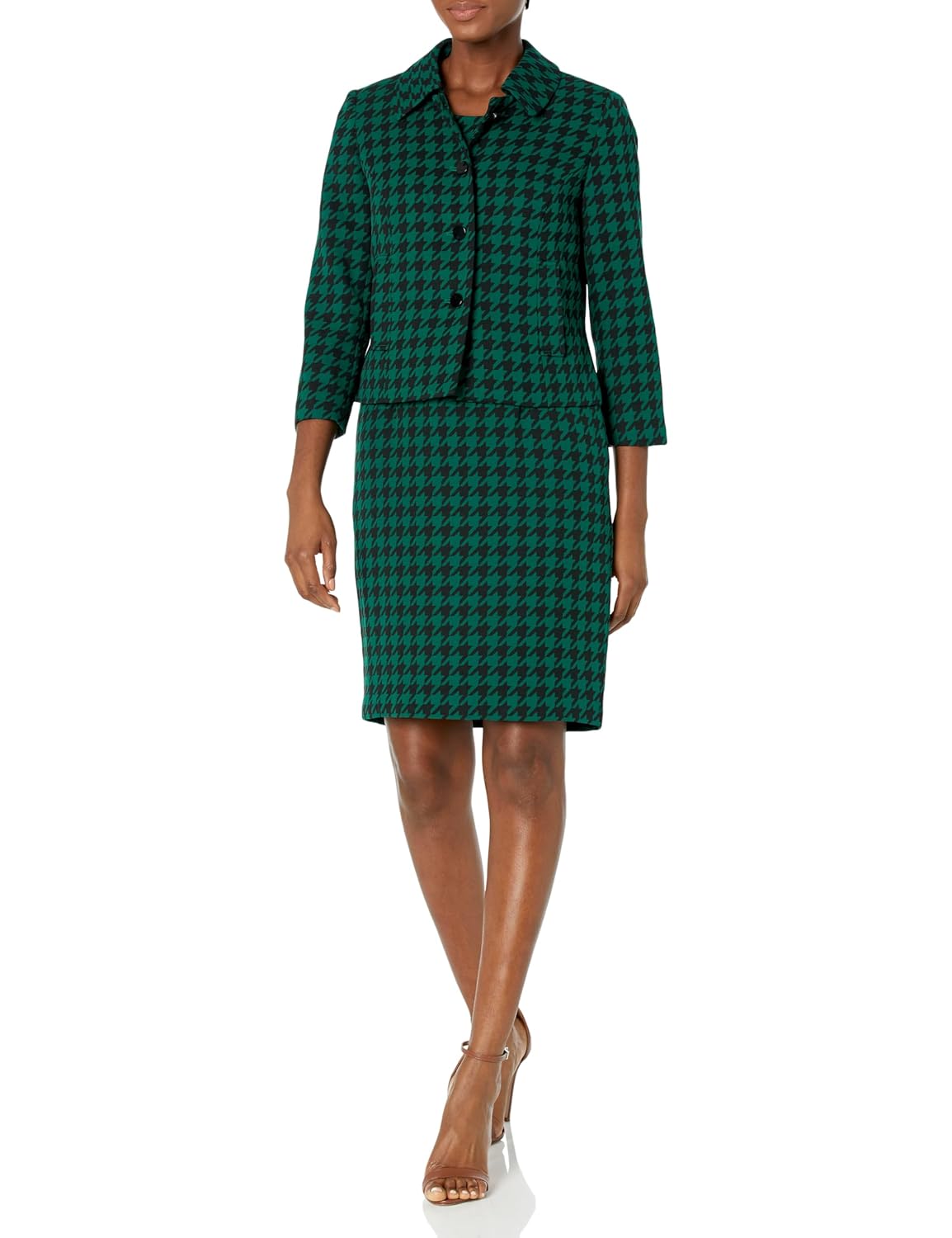 Womens 3 Button Peter Pan Collar Houndstooth Jacket Sheath Dress Suit