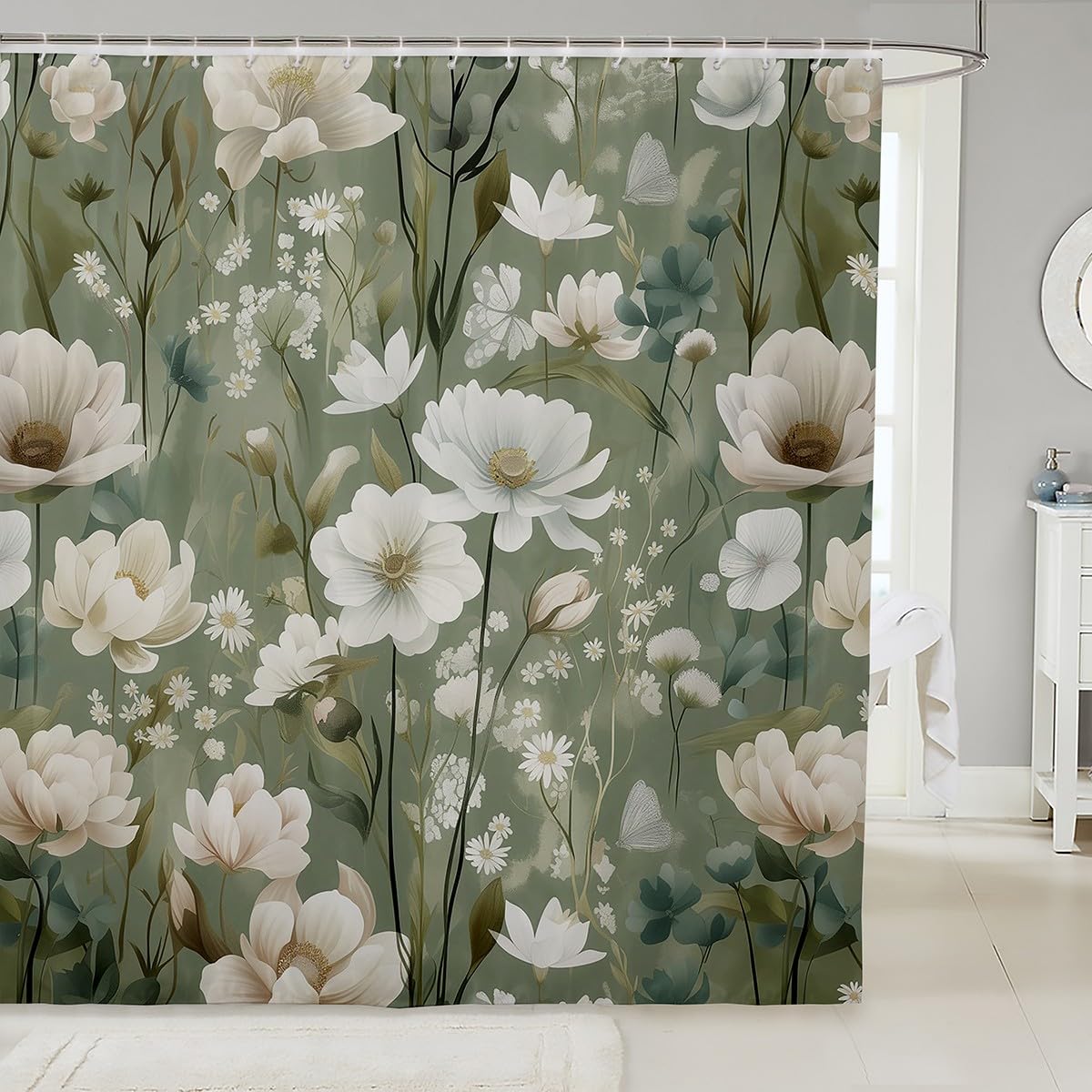 Tropical Floral Bath Curtain Daisy Blossoms Shower Curtain, White Flower Waterproof Bathroom Curtain Botanical and Animal Theme Shower Accessories,