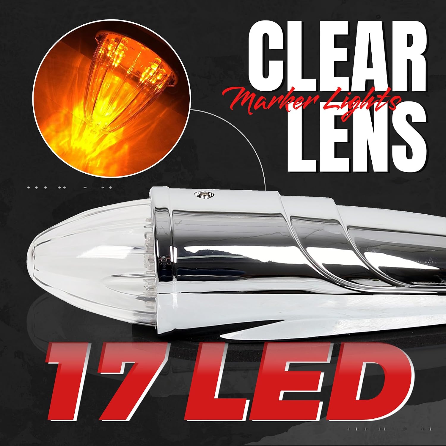 ECOTRIC 5PCS 17 LED Chrome Clear Torpedo Cab Marker Roof Running Top Lights Assembly Super Bright Heavy Duty Trucks Compatible with Volvo International Kenworth Peterbilt Freightliner Mack