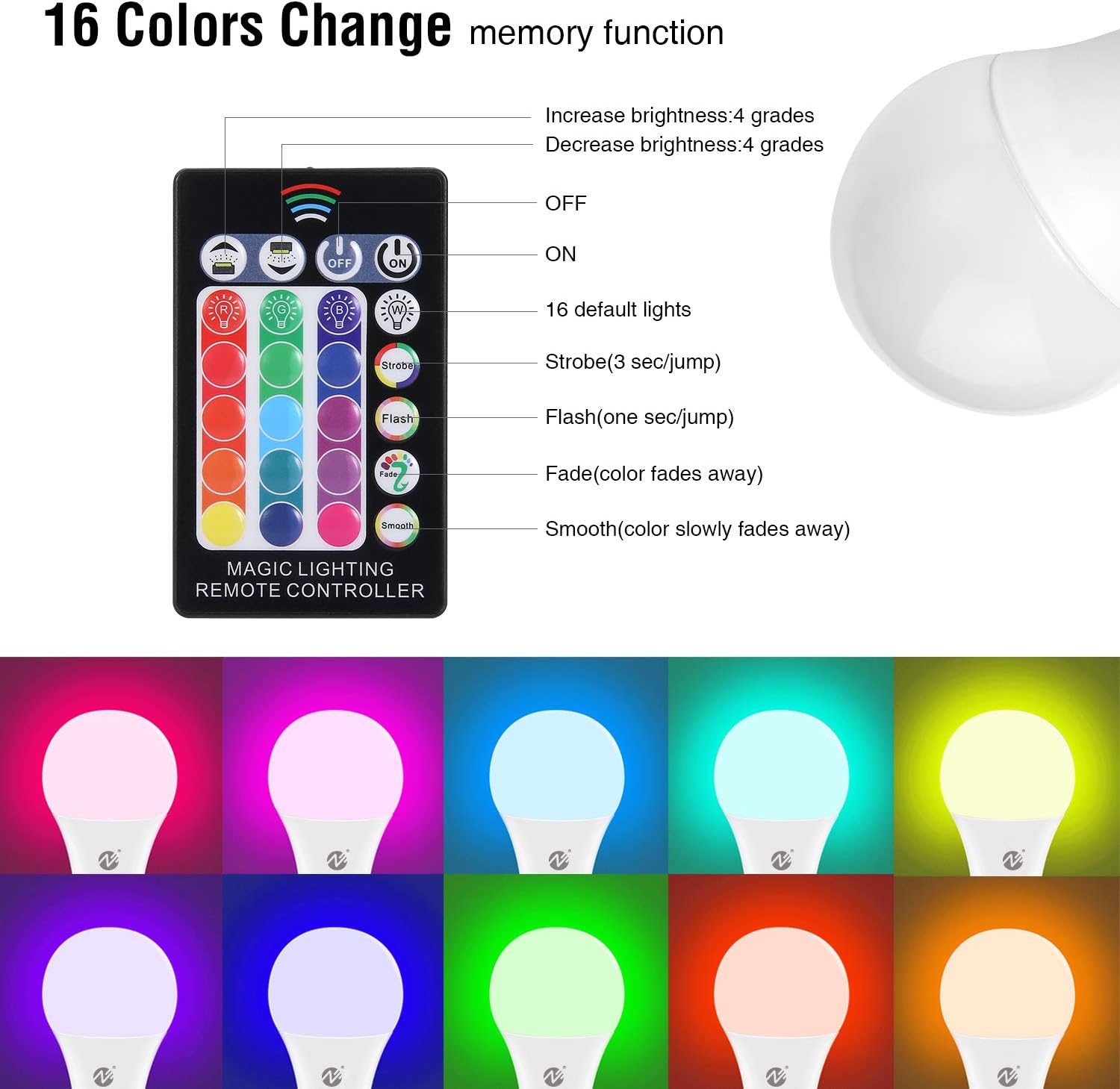 RGB LED Bulbs Color Changing Light Bulbs Dimmable 10W E26 Base with Daylight White and Remote Controller A19 Flood Light Bulb 100 Watt Equivalent (2 Pack)