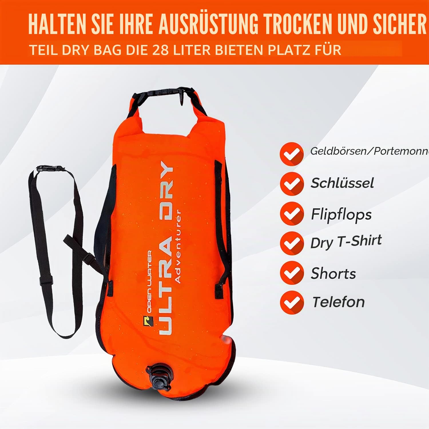 Swim Buoy Tow Float Gut sichtbarer Schwimmschwimmer Trockensack mit verstellbarem Hüftgurt, Tragegurt, wasserdichte Handyhülle für offenes Wasser, Wassersport, Schwimmen, 28L Orange