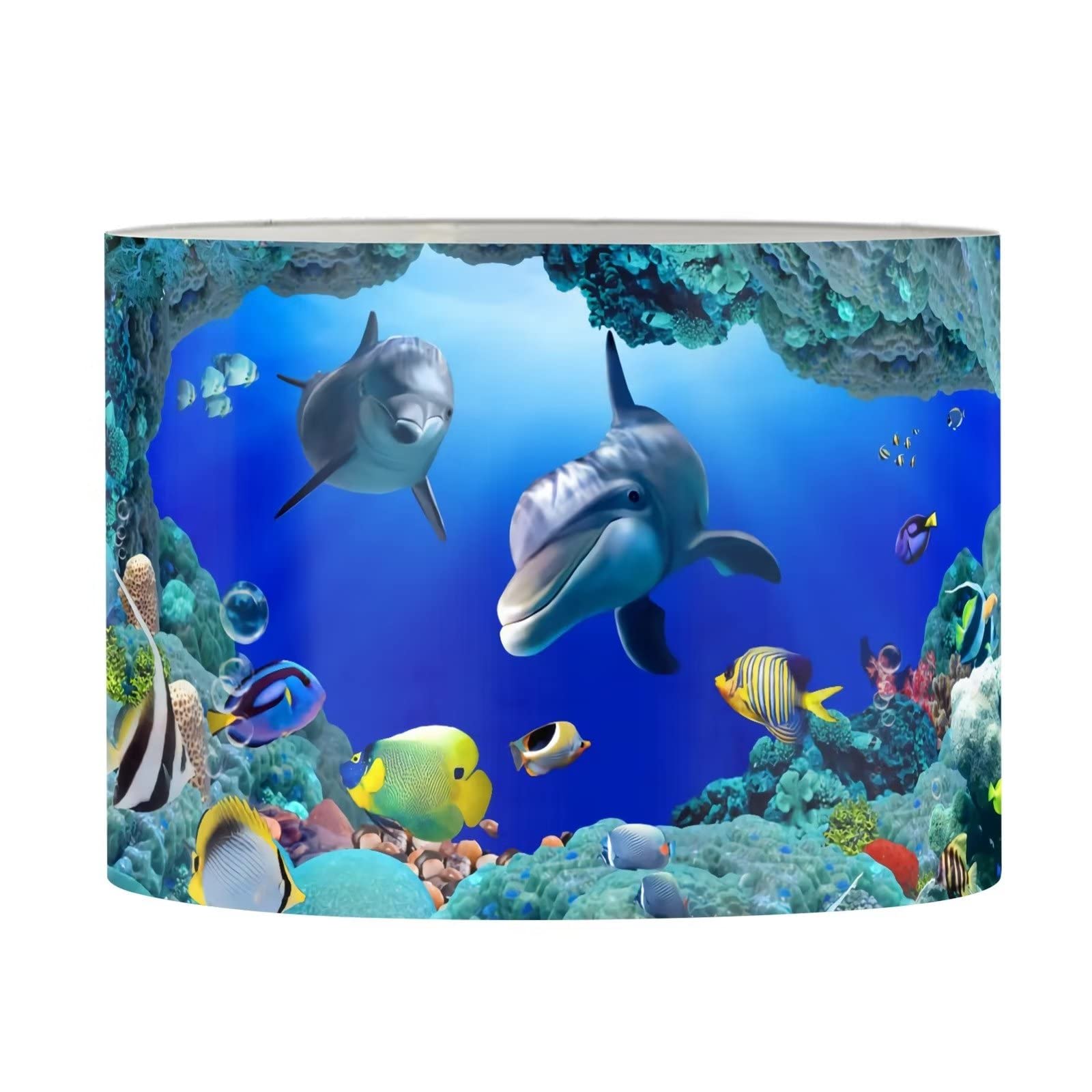 Xoenoiee Lamp Shade Drum Lampshade for Pendant Floor and Table Light, Plastic Ceiling Light Shade, European E27 Fitting, Dolphin Fish Underwater World Pattern, Small Size โ image 1