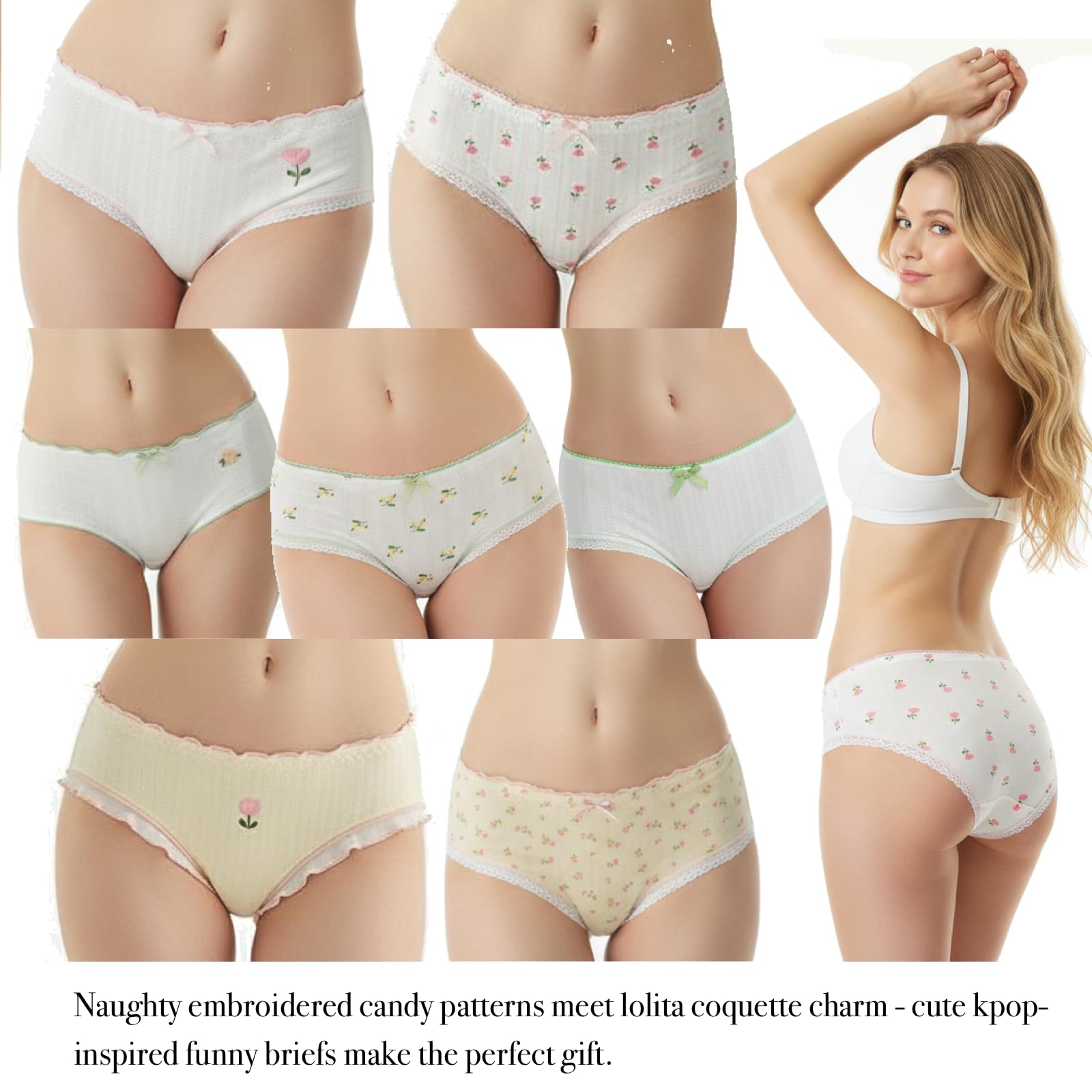 Women’s Underwear Cotton Panties Lace Ruffled Tulip Print Floral Flower Bow Knot Cute Kawaii Japanese Underwear 7 Pack: Medium White Pink Green