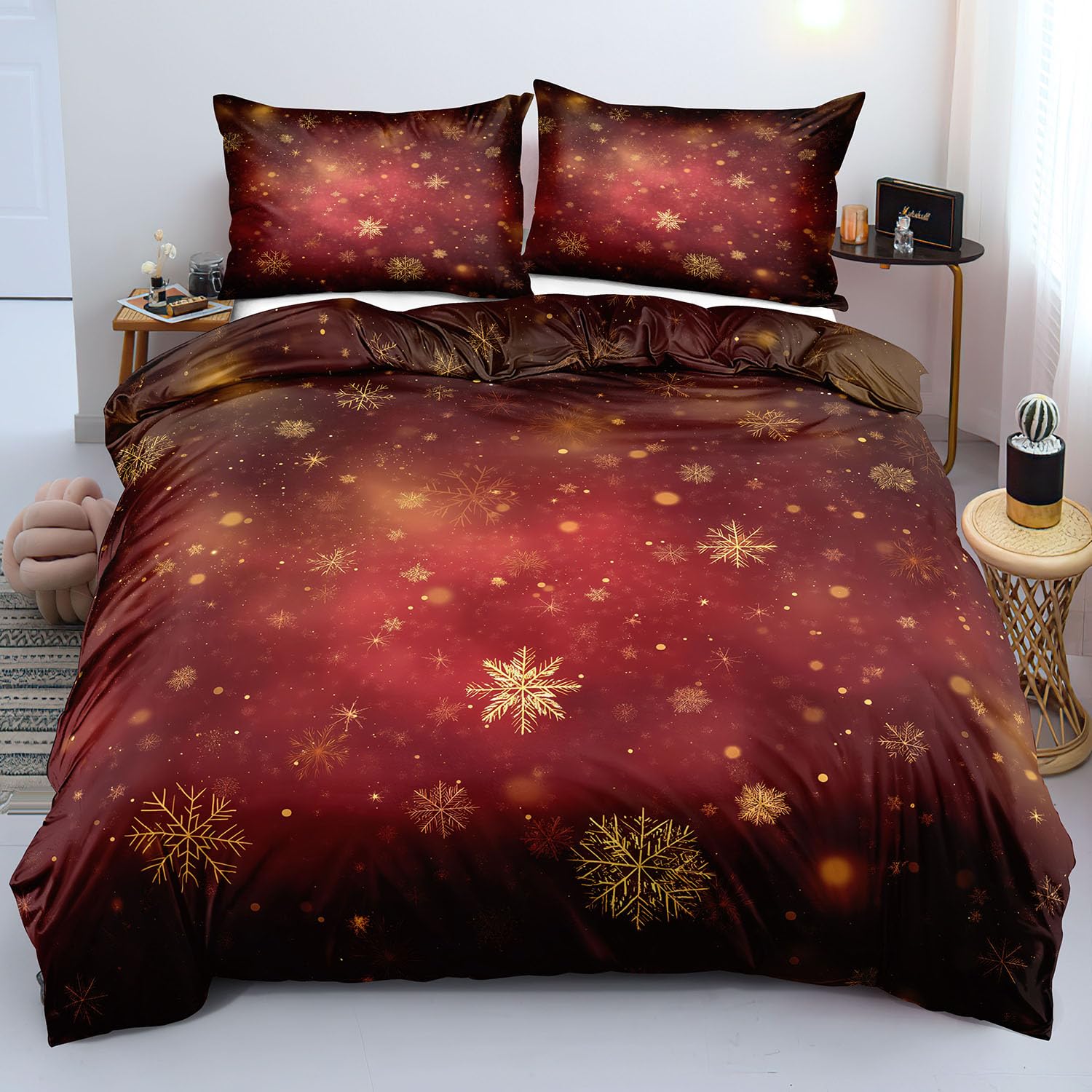 Parure de lit flocons de neige en microfibre luxueuse et douce rouge de prestige