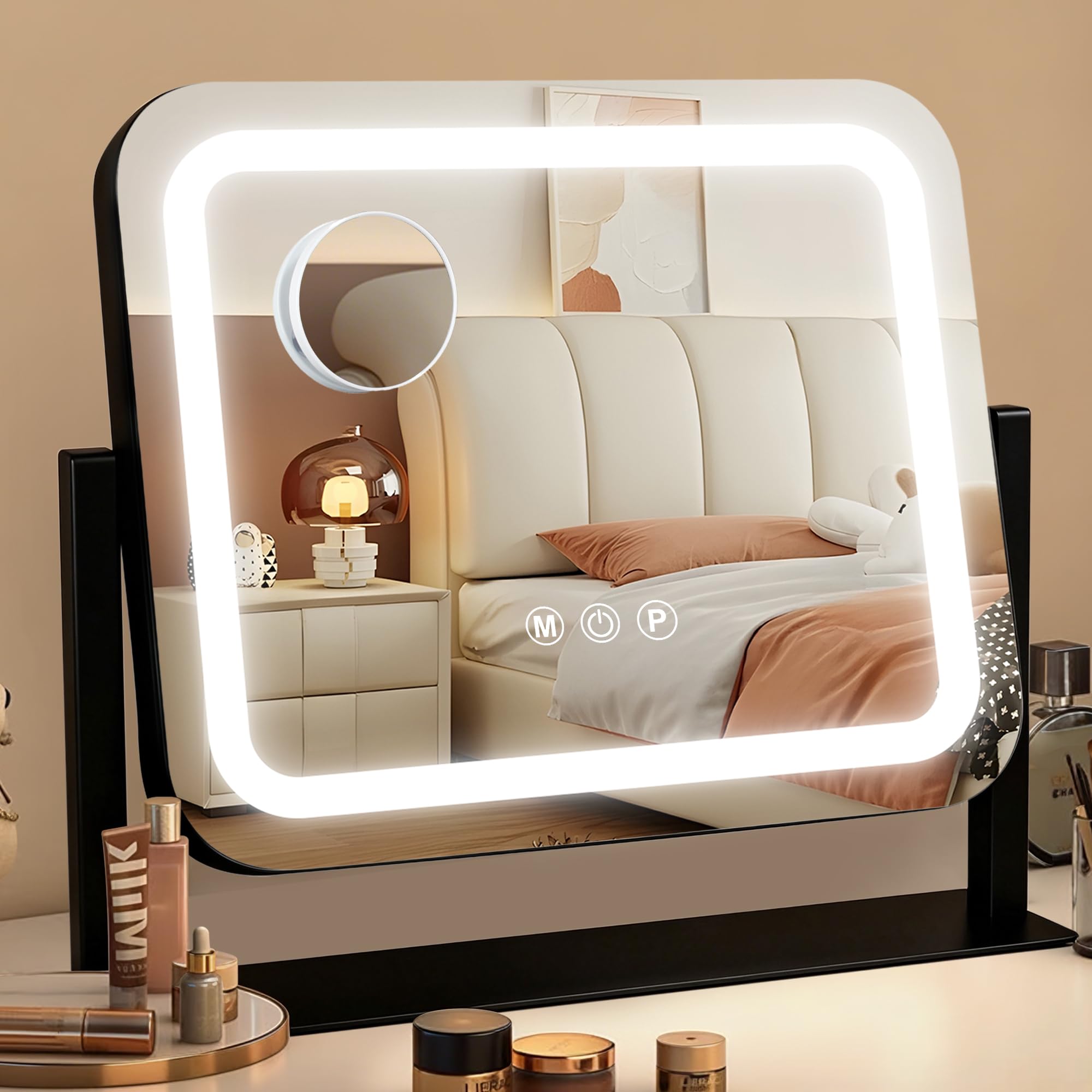 Ratsamee Vanity Mirror with Lights,35 x30 CM Led Makeup Mirror with 3 Color Dimmable Lights, Smart Touch Screen Control, 360°Rotatable,14"×12" Black — image 1