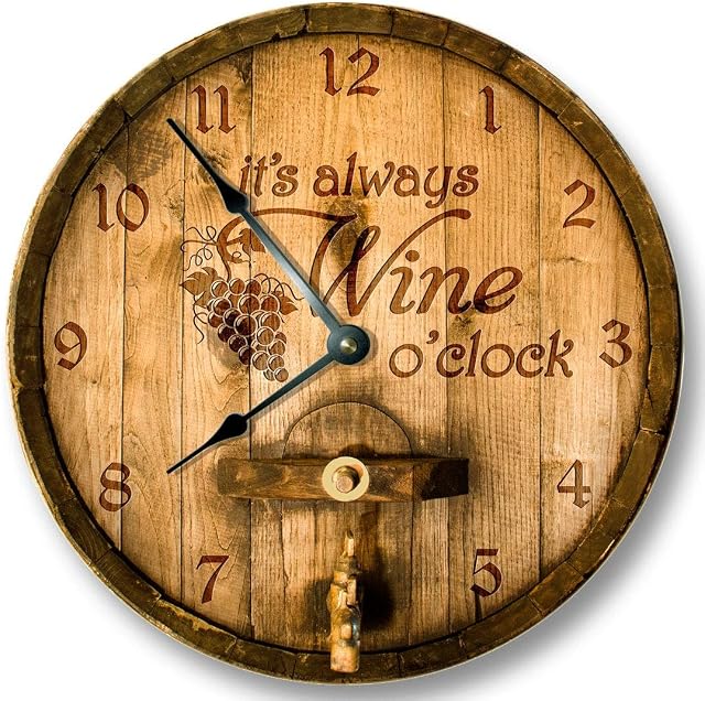 Mari57llis Its Always WINE o'clock Wall Clock Wooden Cask Lid Printed Image Rustic Cabin Bar Home Decor Large 15" Wall Clock