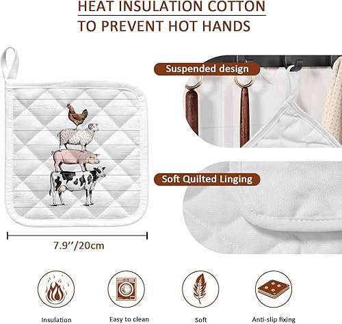 Miniatura 9 de Juego de 4 soportes para ollas, de vaca, cerdo, oveja, pollo, animales de granja, para cocina, almohadillas calientes a prueba de calor, tablero