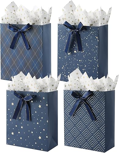 Paquete de 4 Bolsas de Regalo Grandes de 13" Surtidas Premium Azules con Papel de Seda para Cumpleaños, Baby Shower, Bodas, Obsequios de Fiesta,