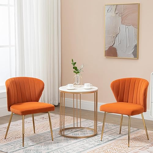 Miniatura 5 de Juego de 2 sillas de comedor de terciopelo, modernas sillas tapizadas con patas de metal dorado para comedor, cocina, tocador y patio (naranja)