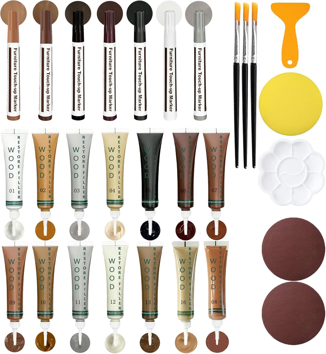 Wood Repair Kit - Scratch Repair Set of 21 - Wood Filler and Furniture Markers for Touching Up Hardwood Scratches, Holes, Cracks, Stains, Laminate Floor, Cabinets, and Tables