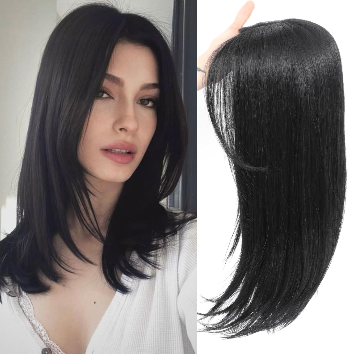 Hair Topper 20 Inch Long layered Toppers Hair Pieces for Women Thinning Hairs Lace Hand-Tied Hairline Synthetic Heat Resistant Clip in Hairpieces 6"x5.5"Large Base for Daily Use 3D 360°(Black)