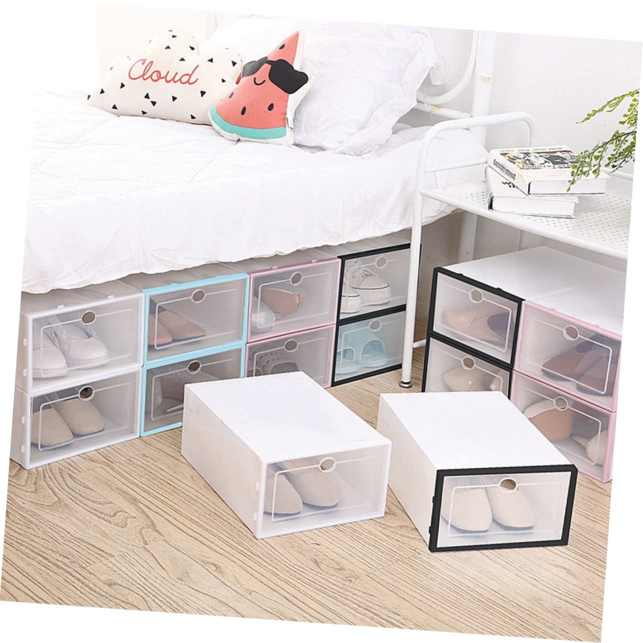 Scatola Scarpe Plastica Rigida Impilabile Bianca 6 Pezzi Decorazioni Scuola | Pp Resistente, Trasparente per Trovare le Scarpe, Mantiene Ordine e Pulizia, per Spazi Piccoli e Armadi Ragazzo Ragazza