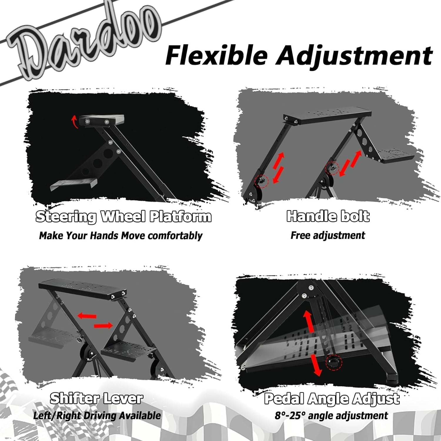 Illustrations of the flexible adjustment points on the Dardoo Racing Wheel Stand, including steering wheel platform, handle bolt, shifter lever, and pedal angle.