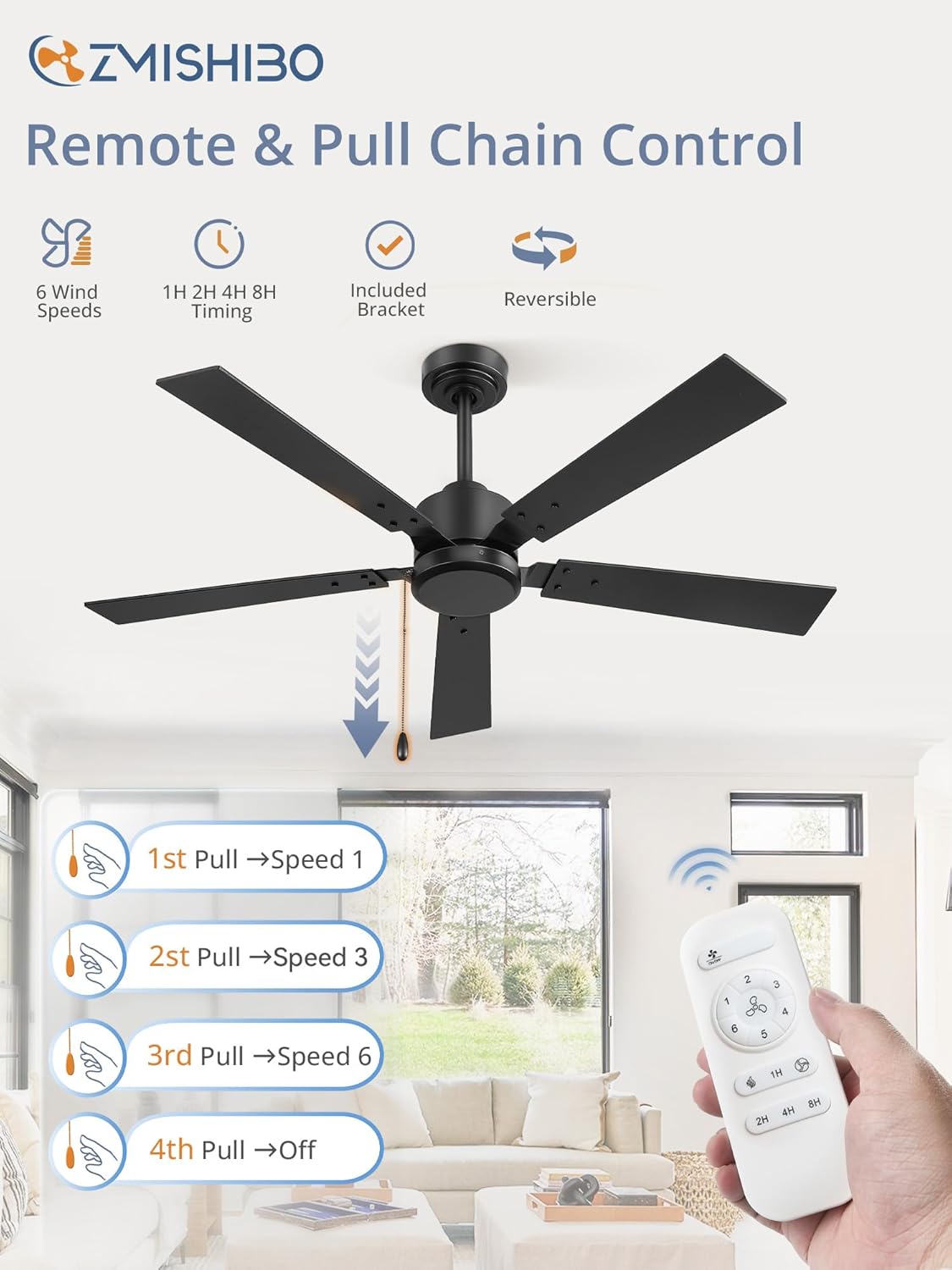 ZMISHIBO 52 Inch Ceiling Fan No Light with Pull Chain, Modern Ceiling Fan without Lights, 6-Speeds, Quiet DC Motor, Remote Control, Black Ceiling Fan for Bedroom, Living Room, Indoor/Outdoor Use