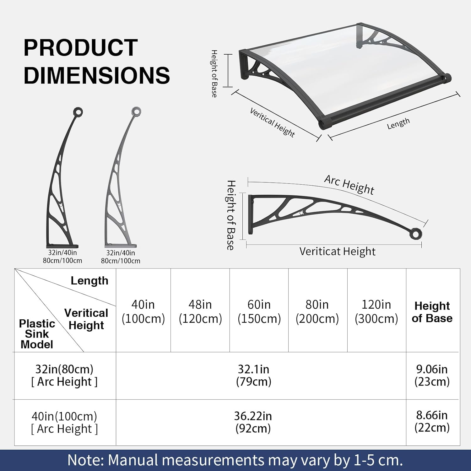 Awning for Door Entrance 32x60 Inch, Polycarbonate Canopy Front Door Awnings Exterior with Separate Drainage, All-Weather UV, Rain & Snow Protection for Porch, Patio, Window, or Deck