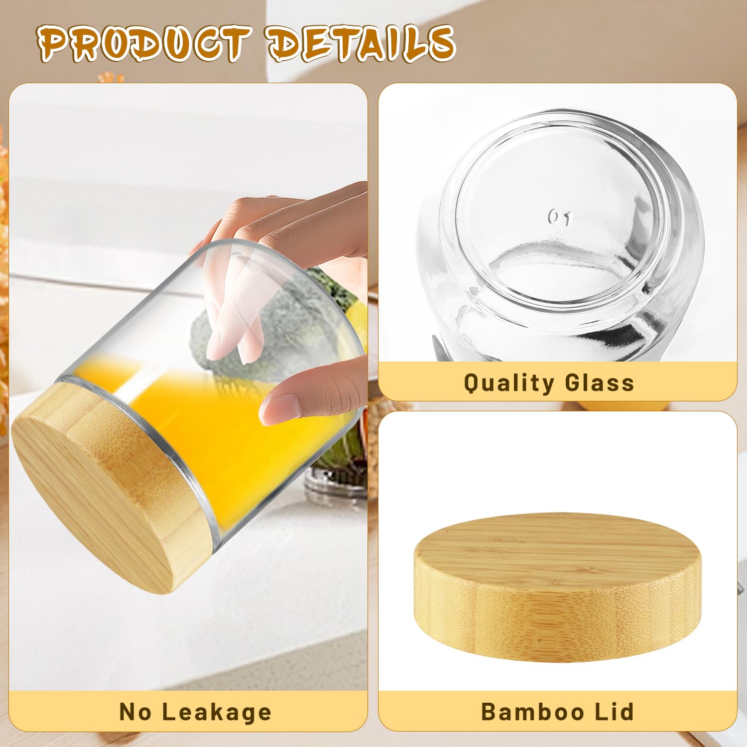 4 tarros de vidrio de boca ancha para almacenamiento de alimentos, recipientes de avena durante la noche con tapas de bambú para aperitivos, yogur en polvo, líquido, 480 ml