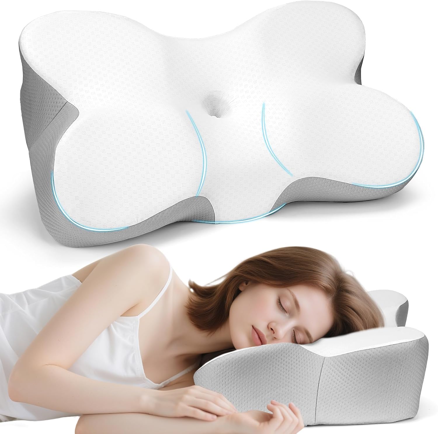 GOXIFACA Memory Foam Cervical Pillow for Neck Pain Relief Orthopedic Neck Support Pillow with Ergonomic Design for Side Back Stomach Sleepers Head and Shoulder Alignment Removable Washable Cover