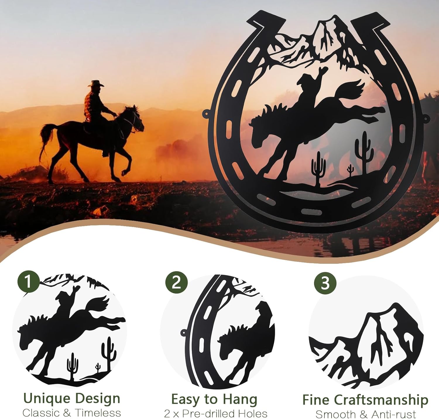 SOBEIT Horseshoe Metal Wall Art, Western Cowboy Metal Wall Decor, Metal Wall Sculpture for Wall Hanging Wall Decor Living Room Bathroom Indoor Outdoor Decor（19.29" L x 19.68" W/49x50cm