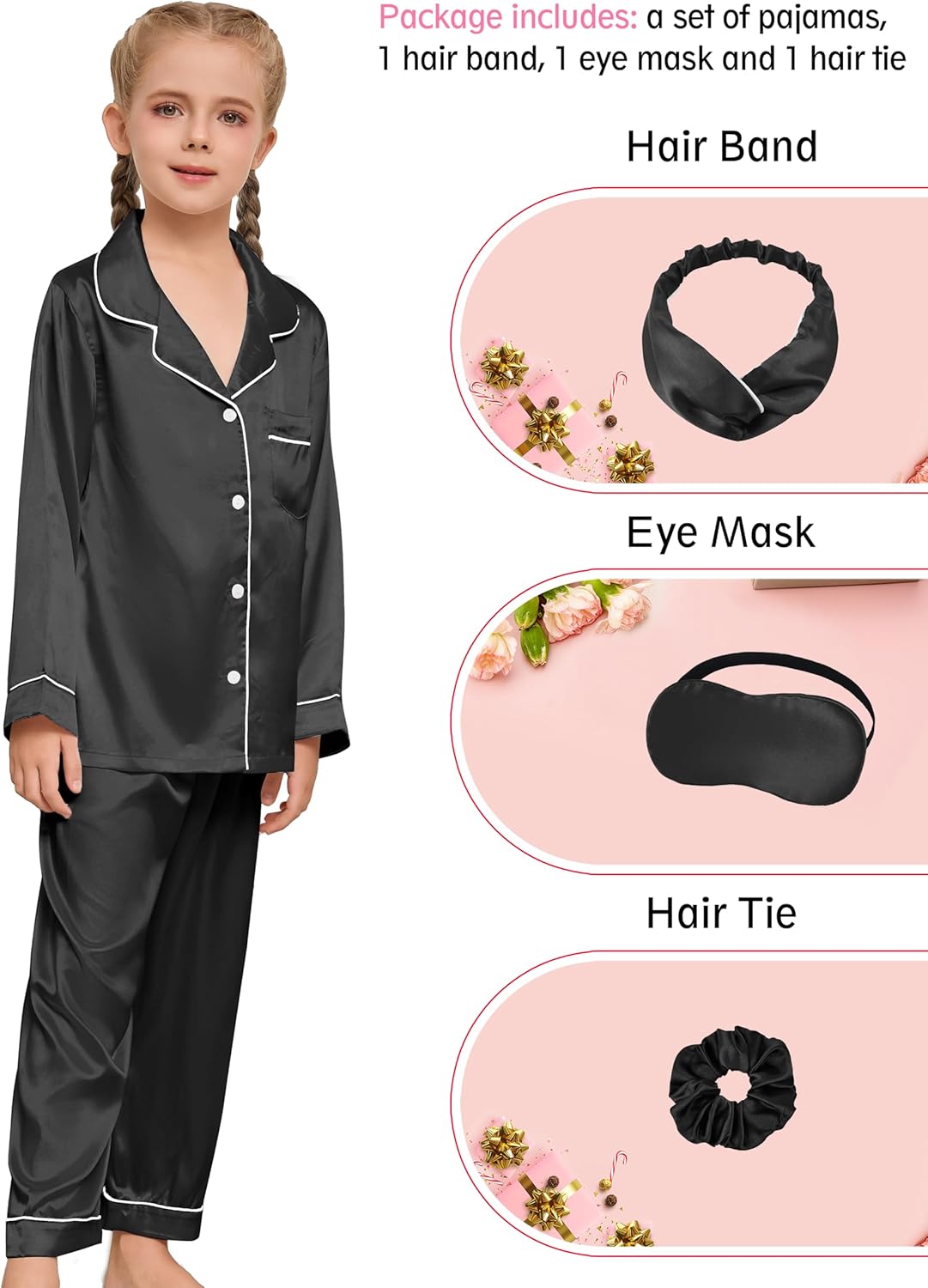 EPLAZA Kids Satin Pajamas Sets Girls Boys Button-Down Silky Pajamas Sleepwear with Hairband Eye Mask Hair Tie - Image 4
