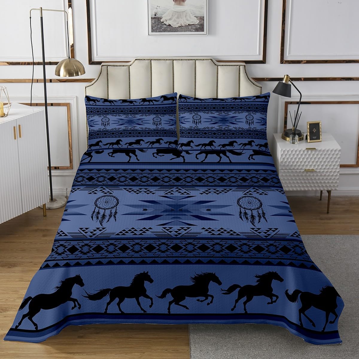 jejeloiu Boho Bedspread King Size Kids Southwestern Native Aztec Quilted Coverlet for Boys Girls Teens Southwest Native American Design Coverlet Set Navy Blue