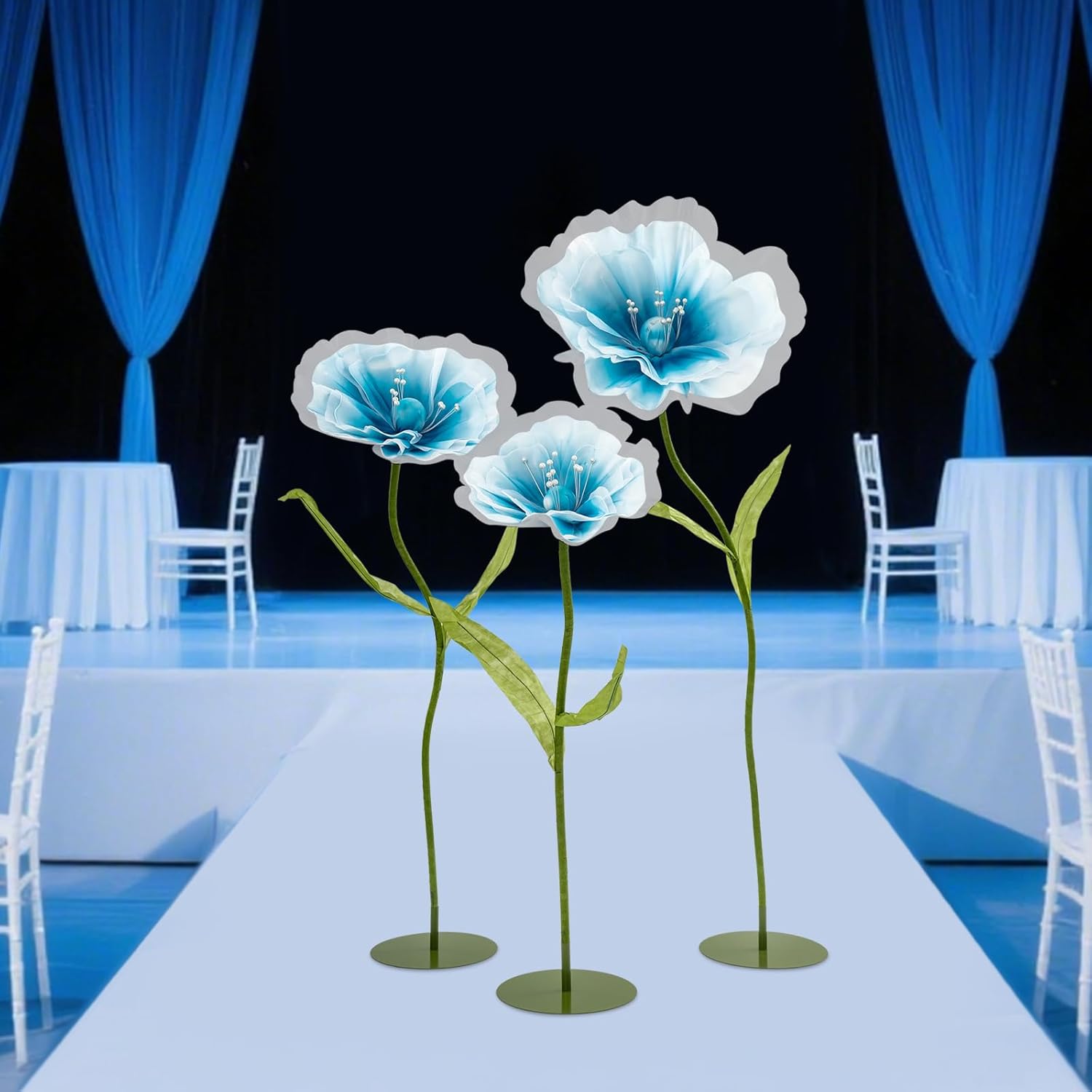 Artificial Flower Decor,3 Pcs Giant Flowers Big Flowers with Standing Base for Wedding Party & Banquet Decorations, Home Decoration (Light Blue)