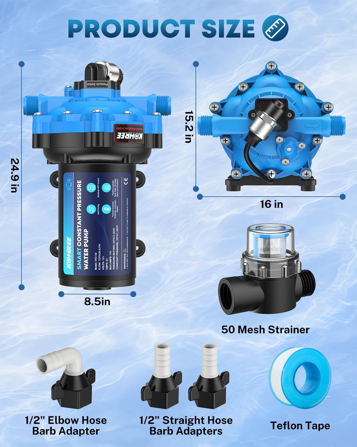 Kohree Smart RV Water Pump 12V DC, 7.0GPM Variable Speed Constant Water Pressure Pump with Bluetooth APP Control & Real-time Display, 5-Chamber Diaphragm Pump with Run-Dry Protection for RV, Marine