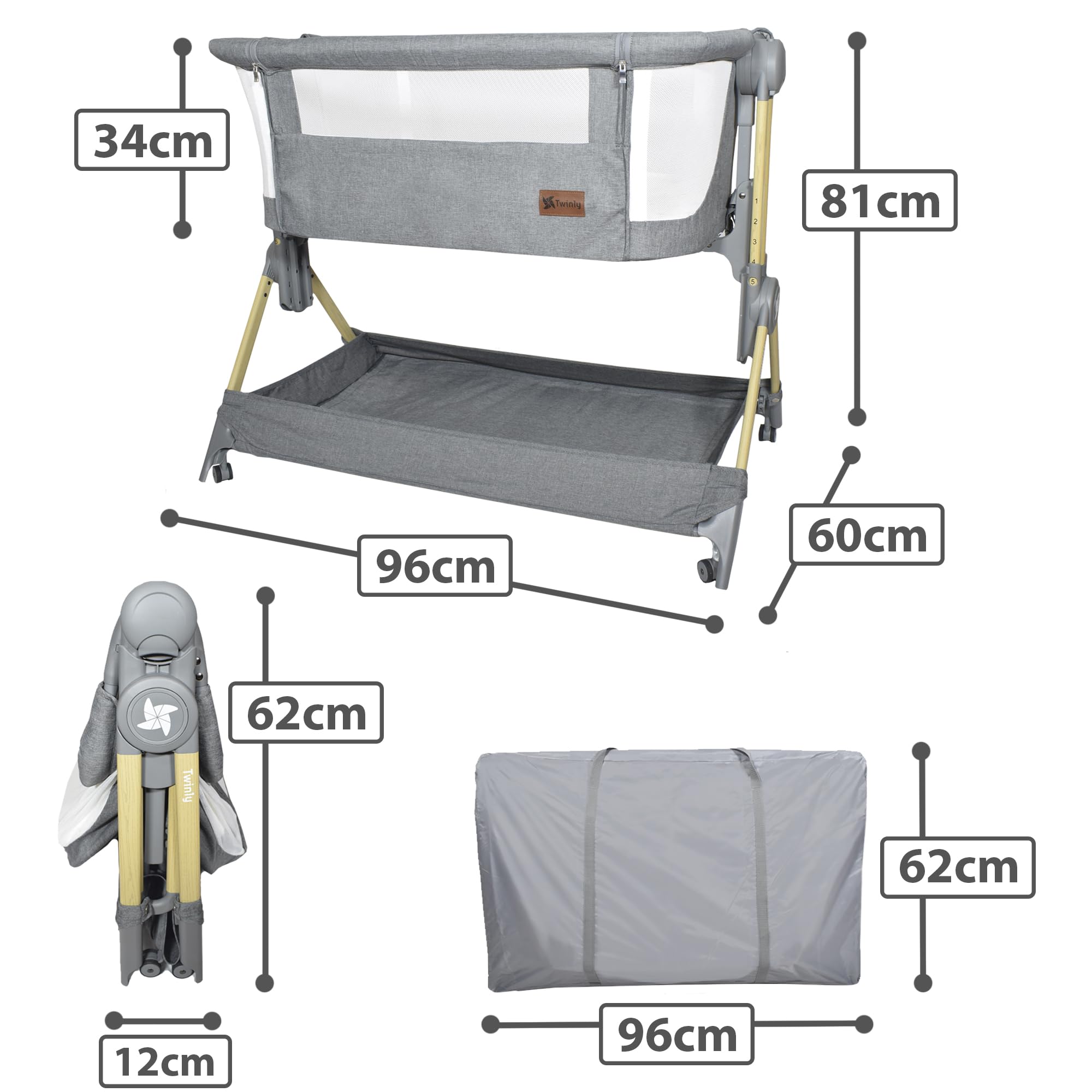 Twinly – Culla Co‑Sleeping Comfortly con Ruote | Pieghevole in pochi secondi, Altezza Regolabile (5 posizioni), Traspirante 0+ mesi fino a 9 kg, Materasso, Lenzuolo, Borsa e Cesta – Senza Montaggio