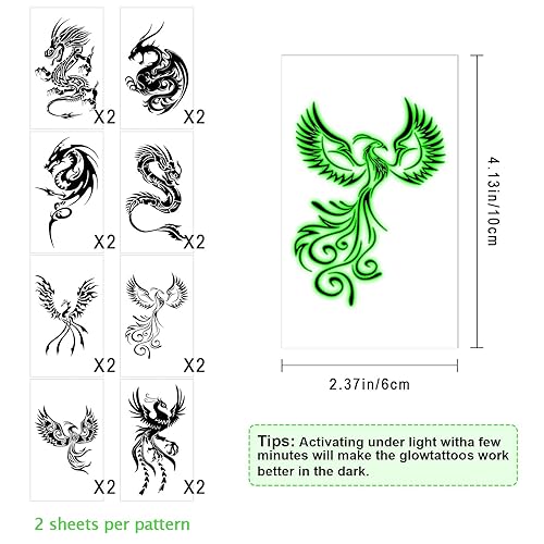 Miniatura 3 de 16 hojas de tatuajes temporales luminosos de dragón fénix que brillan en la oscuridad dragón decoración de fiesta de cumpleaños, suministros para