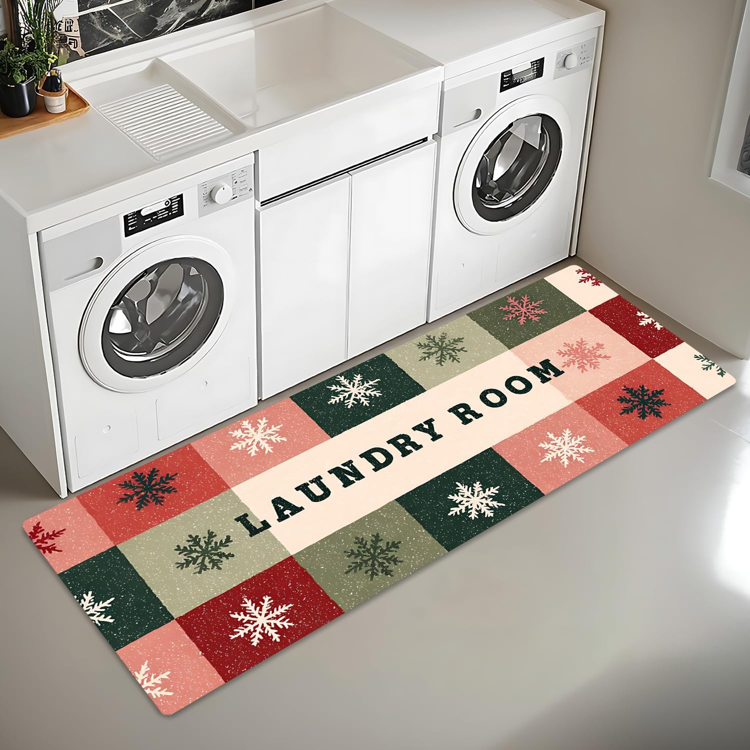 Laundry Room Rug Runner 47"x20" Waterproof Non Slip Seasonal Floor Mat with Quilted Snowflake Winter Theme for Front Porch Mudroom Winter Holiday Decor