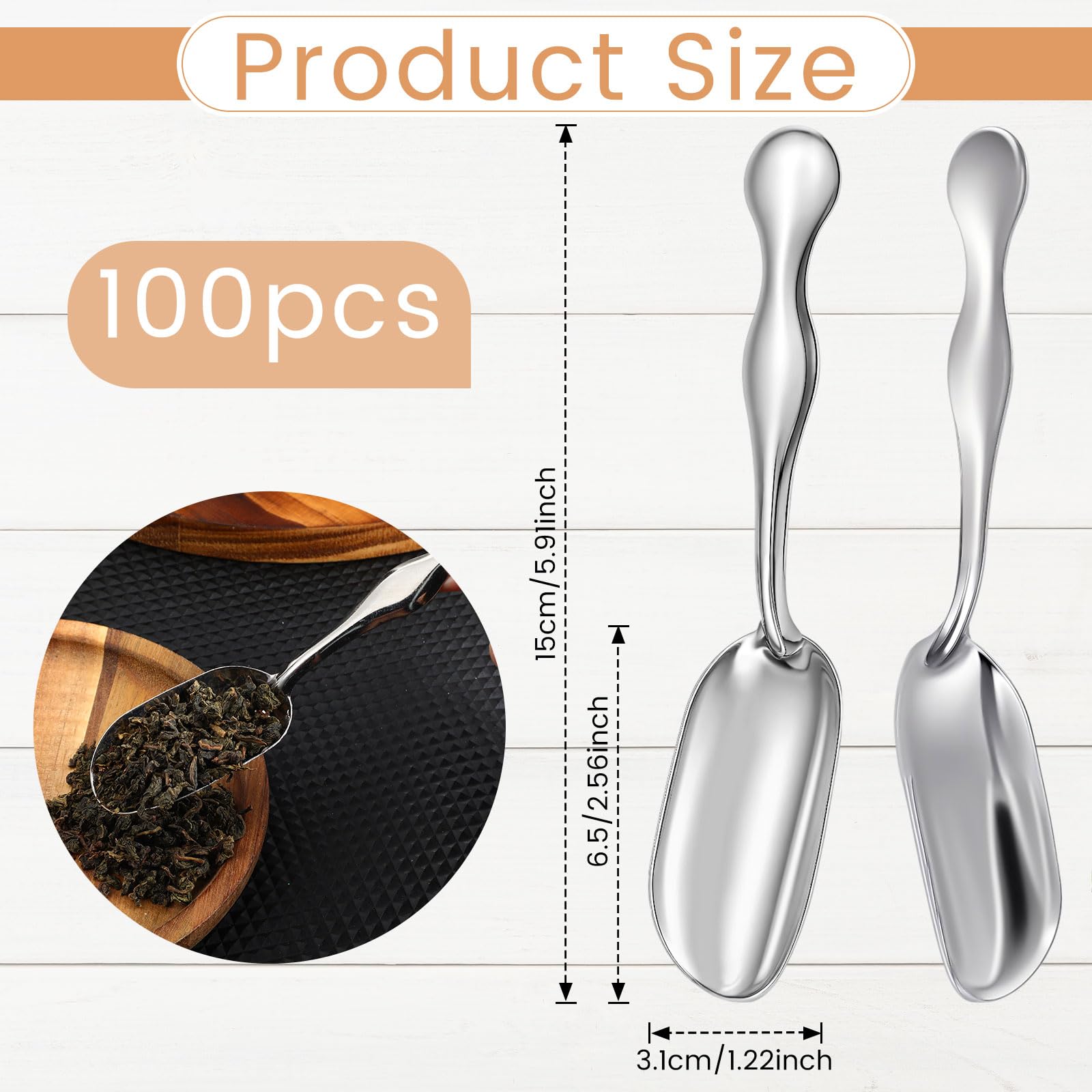 Maxdot 100 Pcs Bulk Mini Scoops for Jars 6'' Metal Small Flour Scoops for Dry Goods Canisters Tea Coffee Sugar Seasoning Powder, for Candy Buffet, Canister Kitchen