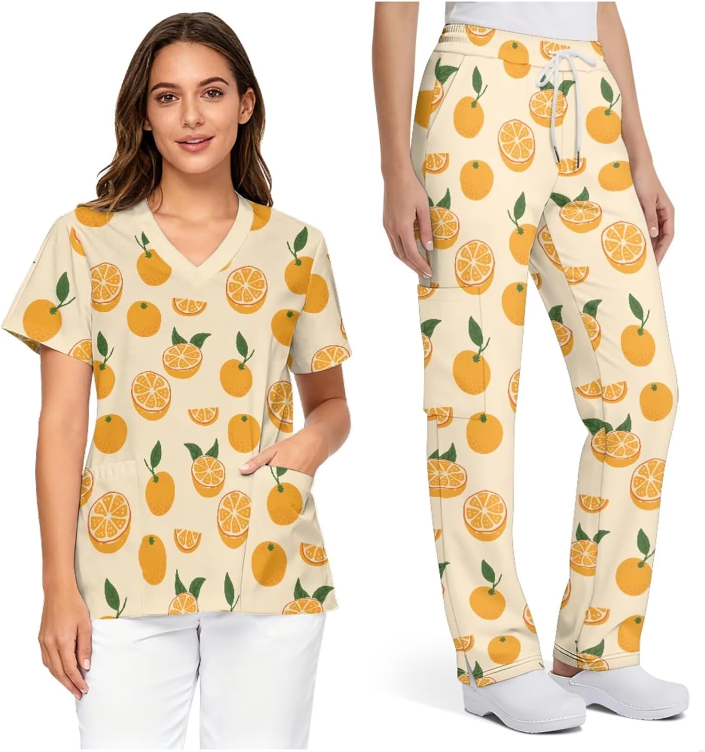 Scrubs for Women Set Medical Uniform V Neck Short Sleeve Top and Straight Jogger Pants with Six Pockets Workwear