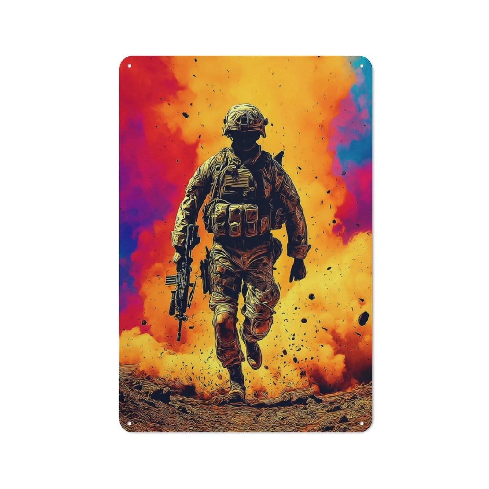 Junmoney Soldier In Action Amidst Explosions -2 Decorative Tin Plaque With Design 30X20cm, Classic Novelty Wall Art For Flat, Dorm Room, Lounge Or Cafe