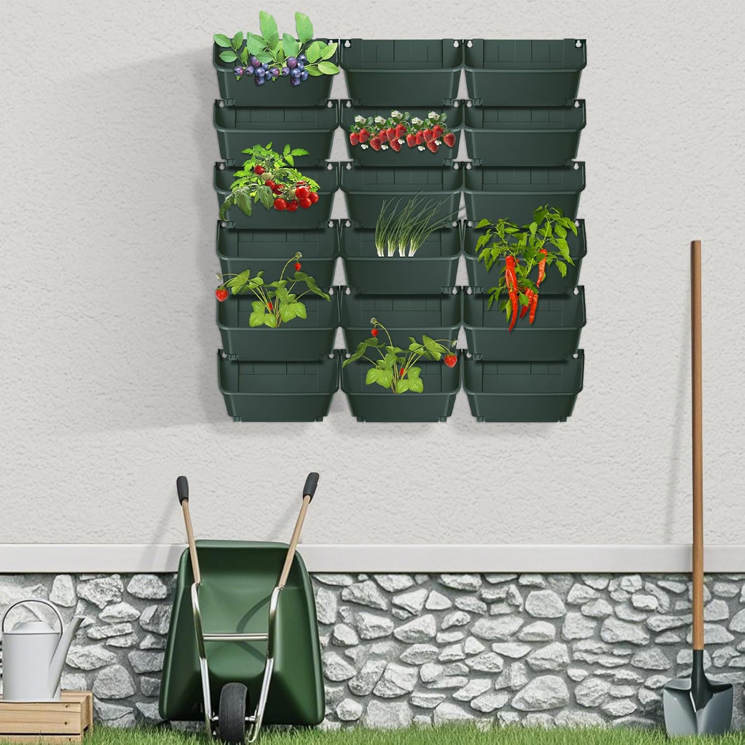 18 Hanging Vertical Wall Planter, Outdoor/Indoor Vertical Garden Planter with Automatic Drip Mechanism and Buckle Fixation Pot Balcony Plant Vegetable Fruit Herb Hanging Pocket (Dark Green)