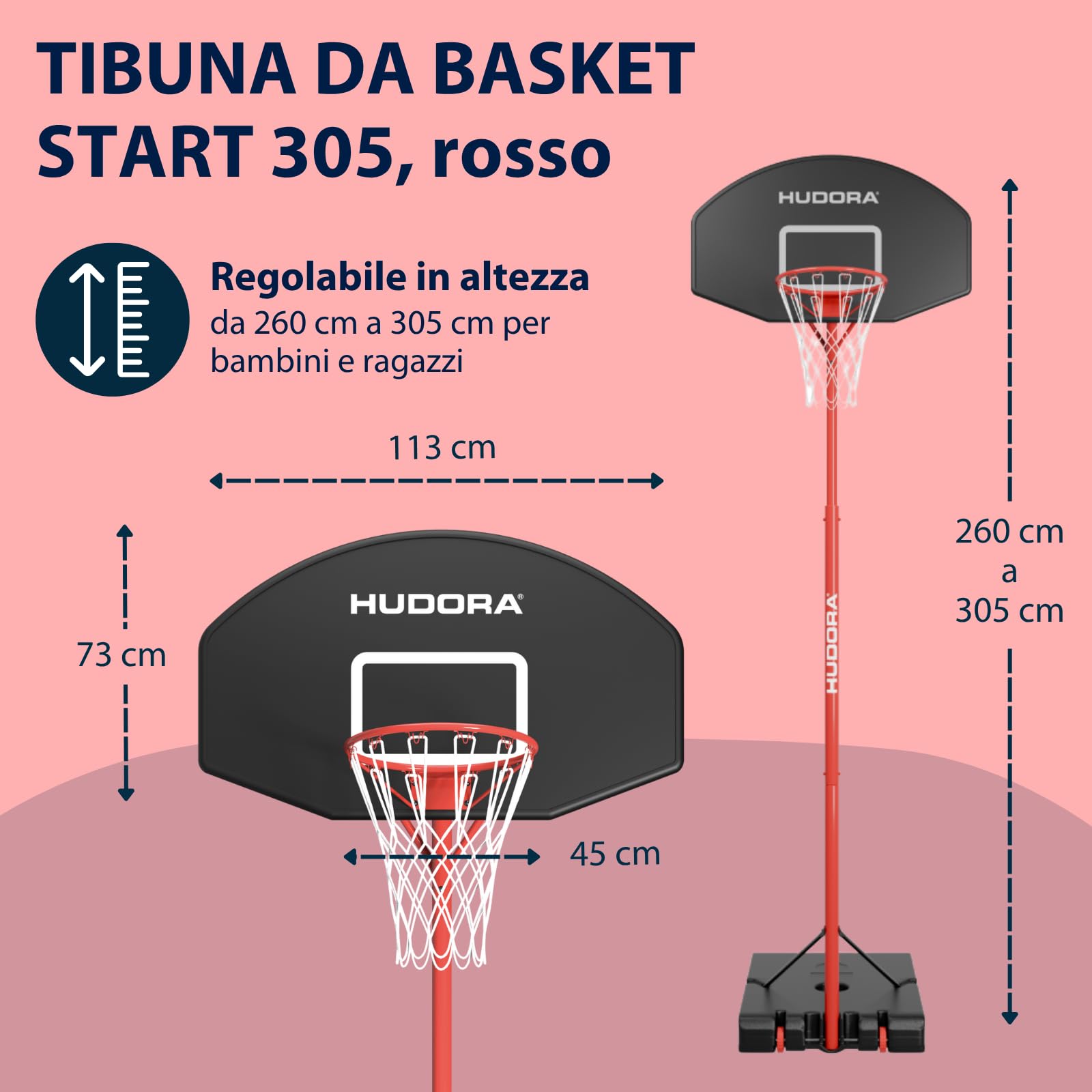HUDORA Start 305 - Supporto da basket regolabile in altezza da 260 a 305 cm, con supporto per bambini e ragazzi