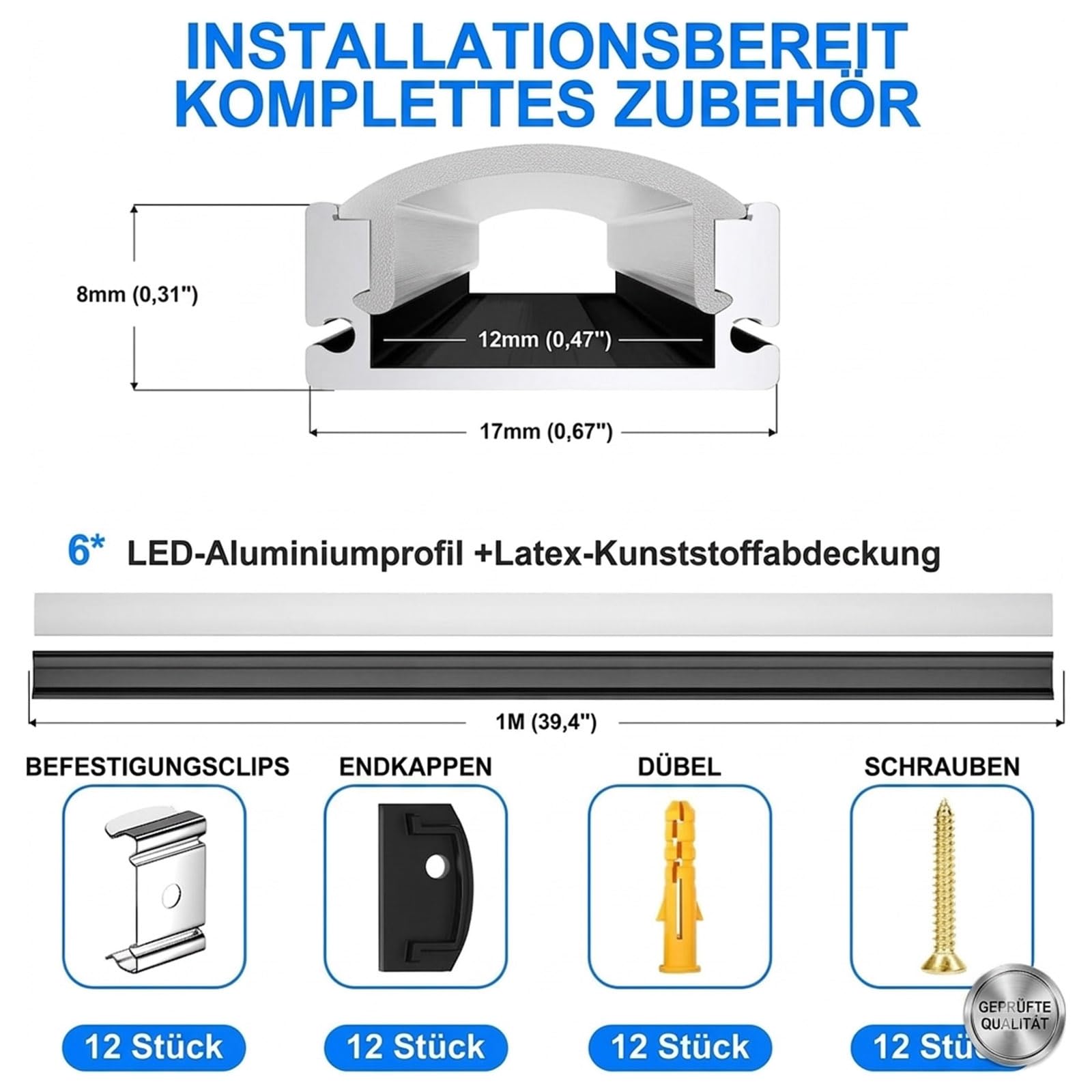 LED Alu Profil Schwarz, 6er Pack U-Form Aluminium Profil für LED Streifen mit Milchiger Abdeckung, 1M Aluminiumleiste für Einbau & Aufputz, LED Schiene für Unterbauleuchte Küche, Schrank, Wand