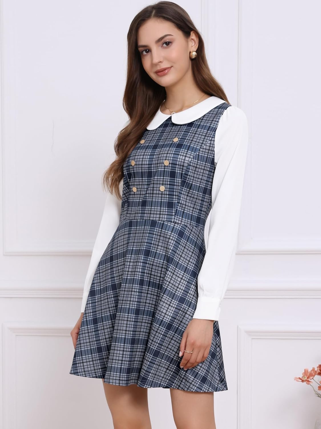 Allegra K Women's Peter Pan Collar Contrast Color Button Decor A-Line Preppy Plaid Mini Dress