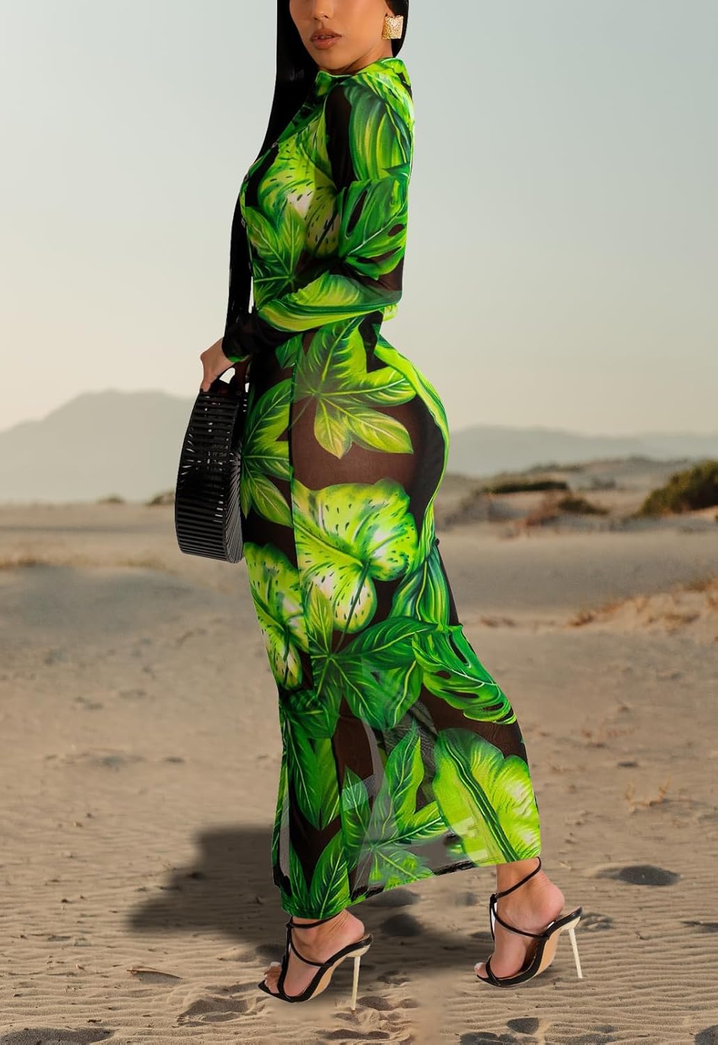 Women's Sexy Summer Sheer Mesh Dresses Button Down Long Sleeve See Through Swimwear Maxi Dress - Image 4