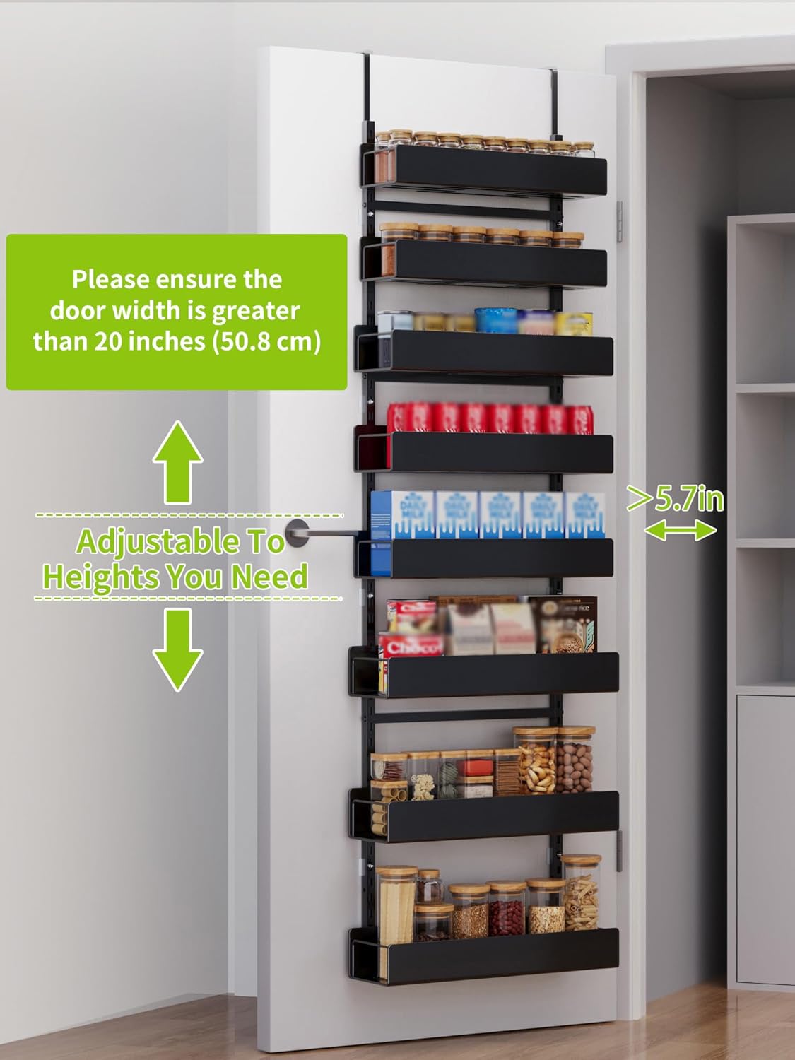Over the Door Pantry Organizer, 8-Tier Metal Over The Door Organizer, Hanging Spice Rack Shelves Door for Kitchen Pantry Organizers and Storage, Black