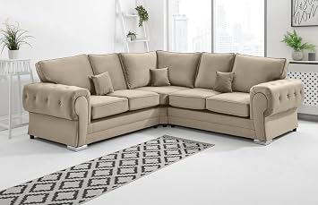 Sofahub Verona Collection - Cream Plush Velvet Corner Sofa | Fullback Upholstered L Shaped Living Room Couch with Foam Cushions & Chrome Feet