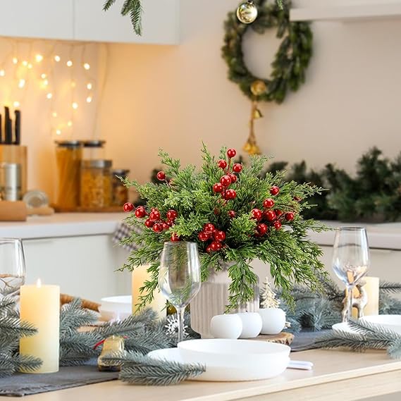 Purple Star 45Pcs Christmas Artificial Pine Branches with Red Berry Stems- 10.5inch Faux Evergreen Norfolk Pine Cypress Leaves Stems- Fake Foliage Needles Picks for DIY Craft Garland Home Decor
