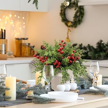 Purple Star 45Pcs Christmas Artificial Pine Branches with Red Berry Stems- 10.5inch Faux Evergreen Norfolk Pine Cypress Leaves Stems- Fake Foliage Needles Picks for DIY Craft Garland Home Decor