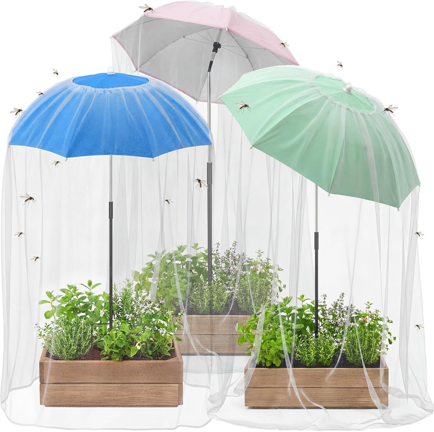 3 Pack Plant Umbrellas for Outdoor Plants with Net Cover 23.6 Inch Garden Large Umbrella Shade 2-in-1 Adjustable Sun Protective Bug Insects and Birds Netting Plant Cover for Potted Plants