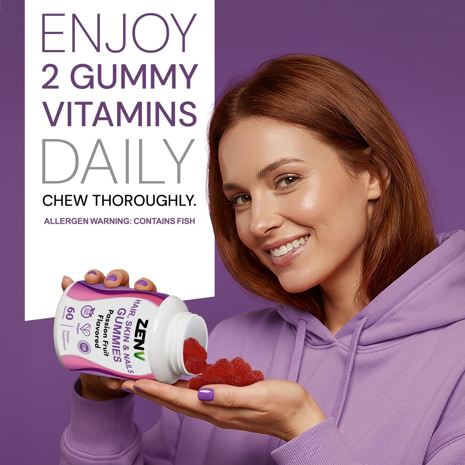ZENV Hair Skin & Nails Gummies, Beauty Supplement with Biotin, Vitamin A & Pantothenic Acid, Passion Fruit Flavor, Plant-Based Formula, 60 Count - Image 2