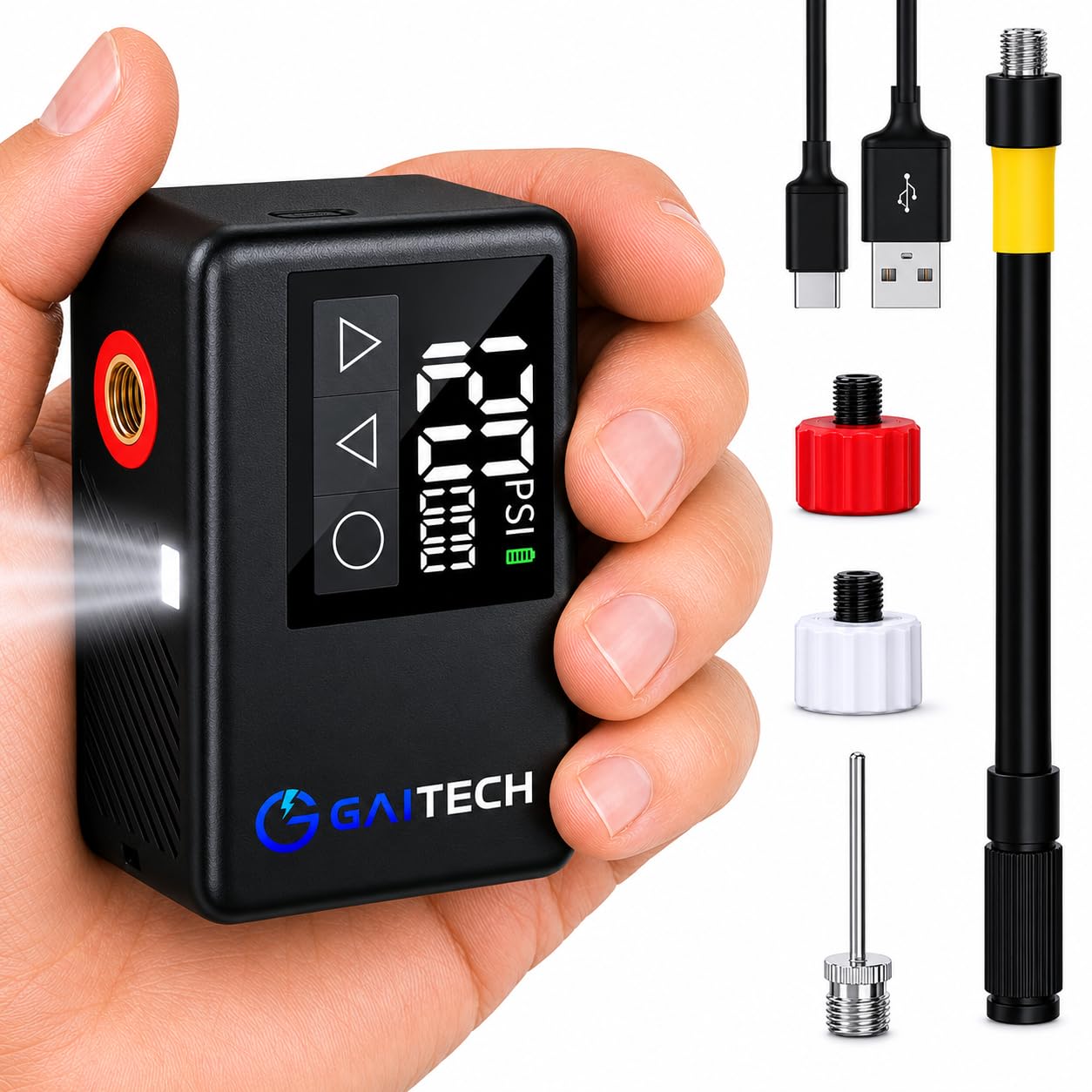 Inflador Eléctrico Bicicleta 120 PSI, Bomba de Bicicleta Portátil Recargable con Luz LED y Pantalla Digital, Hinchador Eléctrico Compacto Compatible Presta y Schrader, Inflado Rápido MTB y Carretera