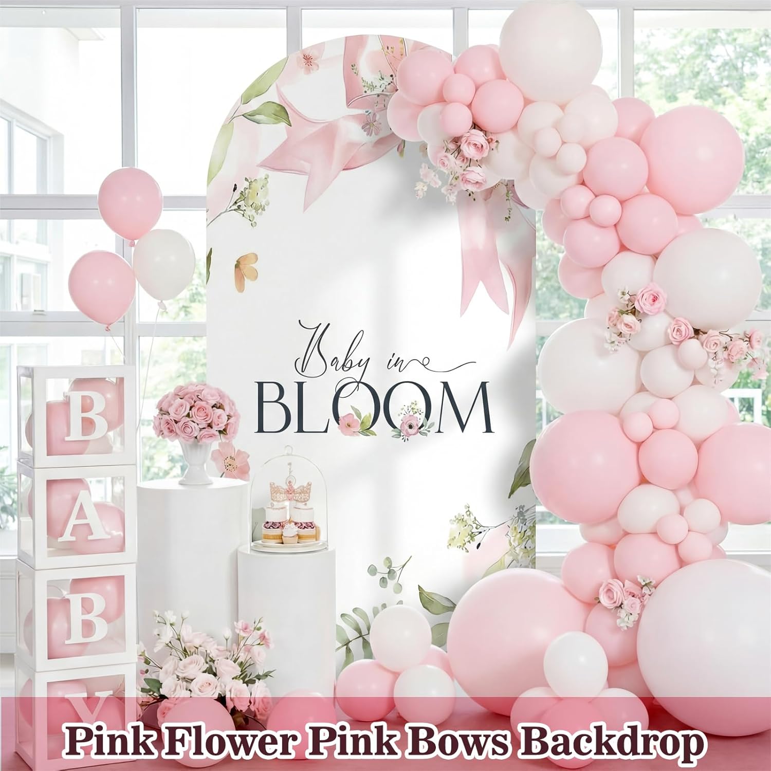 Condition photo showing New/Like New for tegeme 7.2ft baby in bloom arch backdrop cover baby shower girl decoration coquette large pink floral bow backdrop party favor for gender reveal welcome girl party supply photo background decoration