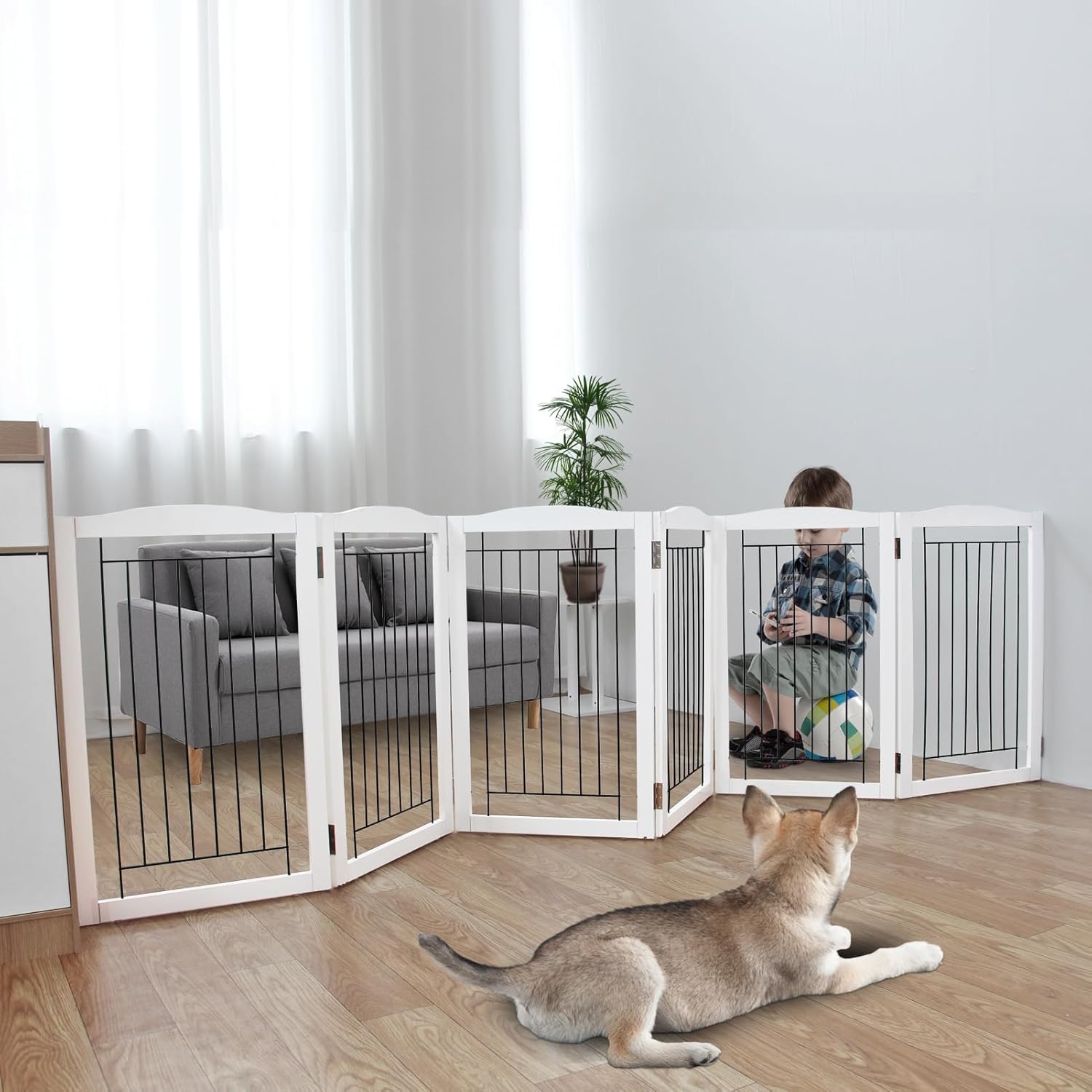 ZJSF Freestanding Foldable Dog Gate Wooden Extra Wide White Puppy Gate 6 Panels Tall Pet Gates for The House Dog Fence